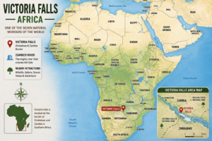 Map of Africa highlighting the location of Victoria Falls on the border between Zimbabwe and Zambia, featuring the Zambezi River, surrounding countries, and a detailed inset map of the Victoria Falls area.