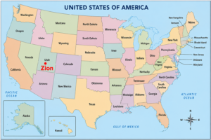 Detailed map of the United States highlighting Zion National Park in southwestern Utah with a bold red location marker.