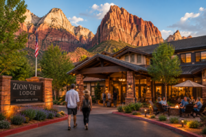Luxury hotel exterior near Zion National Park with guests arriving, relaxing by a fire pit, and dramatic red rock cliffs in the background.