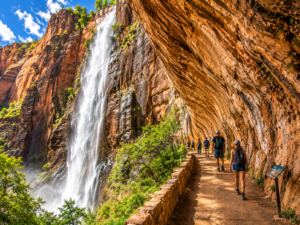 Towering waterfall cascading beside a scenic canyon trail beneath a massive sandstone rock overhang, with hikers exploring one of the most iconic viewpoints in Zion National Park.