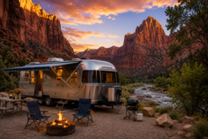 Luxury Airstream travel trailer parked beside a scenic river in a red rock canyon at sunset with a campfire, picnic table, and breathtaking mountain views, creating the perfect RV camping getaway.