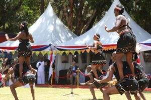 Victoria Falls Safari, Hiking, and Drone Views 7 Entertainers performing at a lively festival, with colorful tents and a crowd in the background.