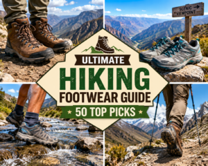 Collage featuring hiking boots and trail shoes in rugged mountain landscapes, showcasing the Ultimate Hiking Footwear Guide – 50 Top Picks for hiking, trekking, backpacking, and outdoor adventures.