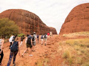Several hikers with backpacks walking along a desert trail at Uluru (Ayers Rock), surrounded by towering red rock formations in Australia’s Outback.