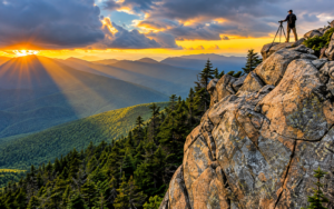 Photographer standing on a rocky Appalachian Mountains overlook at sunset with a tripod, forested valleys, layered mountain ridges, and dramatic golden sunlight.