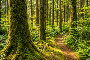Moss-covered forest trail near Tahkenitch Falls in Oregon, surrounded by towering evergreen trees, lush ferns, and vibrant green vegetation.