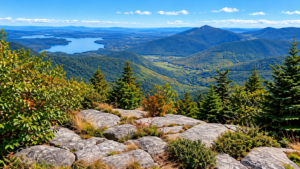 Panoramic Appalachian Mountains view featuring forested mountain ridges, a winding blue lake, evergreen trees, rocky ledges, and expansive valley scenery.