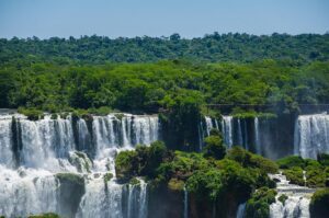 waterfalls in a rainforest on a clear blue-sky day.