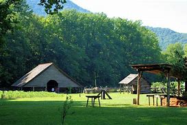 Two buildings in a forest with many structures of wood in a field with mountains in the background and many trees on a cloudy day.