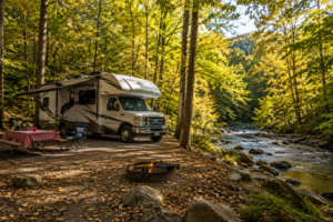 RV campsite beside a scenic river in Great Smoky Mountains National Park surrounded by colorful autumn trees and a peaceful forest setting.