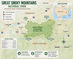 Detailed map of Great Smoky Mountains National Park showing its location across Tennessee and North Carolina, including park entrances, visitor centers, nearby cities, scenic routes, and a U.S. location inset.