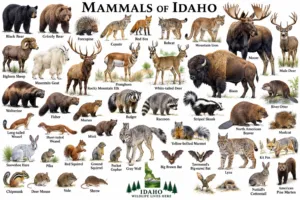 Illustrated Mammals of Idaho wildlife guide featuring bears, moose, elk, bison, deer, wolves, mountain lions, foxes, small mammals, and bats.