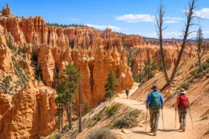 Valley of the Gods Utah: Camping, Hiking & Scenic Drive Guide 3 Hikers walking along a scenic Utah canyon trail surrounded by towering orange hoodoos, rugged rock formations, and scattered pine trees.