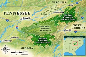 Illustrated map of Cherokee National Forest in eastern Tennessee, highlighting the northern and southern forest regions, Great Smoky Mountains National Park, Appalachian Mountains, Knoxville, Johnson City, Bristol, Asheville, Chattanooga, and surrounding states.