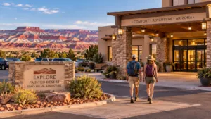 Two travelers walking toward a Southwestern-style hotel near Arizona’s Painted Desert, with colorful red and orange badlands in the background.