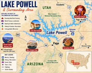 A detailed illustrated map of Lake Powell and the surrounding Arizona and Utah region featuring large, easy-to-read labels for Antelope Canyon, Horseshoe Bend, Glen Canyon Dam, Lone Rock Beach, Wahweap Marina, Page, Arizona, Glen Canyon National Recreation Area, and nearby scenic destinations.