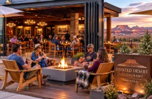 Travelers relaxing and dining at a Southwestern-style restaurant patio near Arizona’s Painted Desert, with colorful desert mesas in the background.