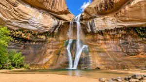 Lower Calf Creek Utah Vacation 1 Wide view of a cascading waterfall flowing down layered sandstone canyon walls into a calm pool surrounded by desert scenery.