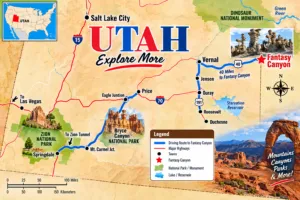 Illustrated Utah travel map highlighting Fantasy Canyon, Vernal, major highways, national parks, and surrounding destinations.