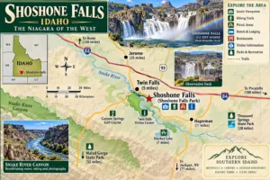 Illustrated Shoshone Falls, Idaho, travel map highlighting Twin Falls, Snake River Canyon, Dierkes Lake, nearby parks, scenic viewpoints, hiking areas, and major travel routes.