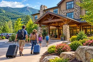 Family of four walking toward a beautiful mountain lodge with luggage and backpacks, featuring a welcoming timber-and-stone hotel entrance, colorful landscaping, and forest-covered Appalachian Mountains in the background.