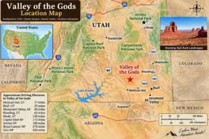 Valley of the Gods Utah: Camping, Hiking & Scenic Drive Guide 9 Illustrated location map showing Valley of the Gods in southeastern Utah with nearby Mexican Hat, Bluff, Monument Valley, Lake Powell, Canyonlands, Arches, and other Utah destinations.
