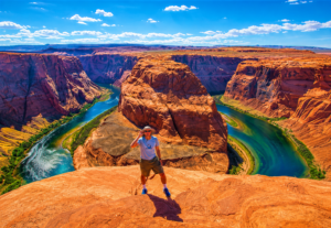 Scenic Horseshoe Bend overlook featuring towering red rock canyon cliffs, winding emerald-green Colorado River, dramatic Southwest desert landscape, and traveler standing above the breathtaking canyon viewpoint.