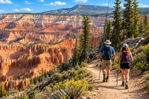Valley of the Gods Utah: Camping, Hiking & Scenic Drive Guide 2 Two hikers walking along a scenic trail overlooking colorful red and orange canyon formations, evergreen trees, and distant mountains in Utah.