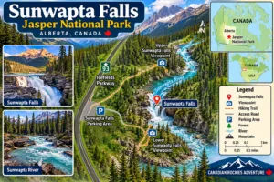 Sunwapta Falls Canada Vacation 9 Map of Sunwapta Falls in Jasper National Park, Alberta, Canada, showing the Sunwapta River, Icefields Parkway, parking area, hiking trails, viewpoints and a Canada locator mini map.