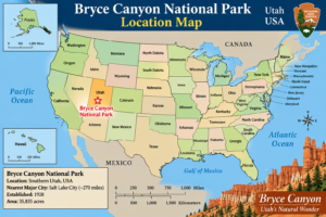 Bryce Canyon Utah Vacation 9 Map of the United States highlighting Bryce Canyon National Park in southern Utah, with state boundaries, major geographic regions, and Bryce Canyon hoodoo scenery.