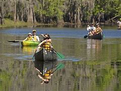 Bryce Canyon Utah Vacation 4 People canoeing on a lake with a forest nearby.
