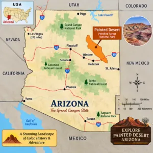 Illustrated Arizona map highlighting the Painted Desert and Petrified Forest National Park near Holbrook, with Flagstaff, Phoenix, Tucson, Grand Canyon National Park, and major highways shown.