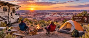RV and tent campsite overlooking the colorful Painted Desert in Arizona, with two campers relaxing at sunset.
