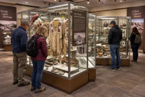 Visitors viewing Indigenous cultural artifacts, traditional clothing, pottery, beadwork, and historical exhibits inside a museum.