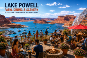 Wide scenic Lake Powell patio dining view featuring outdoor restaurants, people dining beside fire pits, luxury dome seating, boats on blue water, red rock canyon landscapes, and breathtaking Arizona lake scenery under a bright midday sky.
