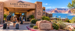 Travelers with luggage walking toward a Lake Powell resort entrance with blue water and dramatic red-rock canyon scenery in the background.