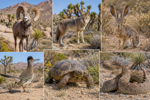 Joshua Tree National Park Calif. 6 Wildlife collage featuring desert bighorn sheep, coyote, black-tailed jackrabbit, greater roadrunner, desert tortoise, and rattlesnake in Joshua Tree National Park, California.
