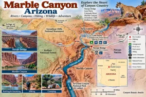Lower Calf Creek Utah Vacation 7 Colorful Marble Canyon, Arizona map highlighting the Colorado River, Navajo Bridge, Lees Ferry, Vermilion Cliffs, hiking, camping, rafting, and nearby canyon destinations.