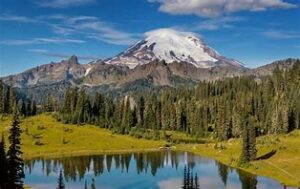 lake and woods with mountain