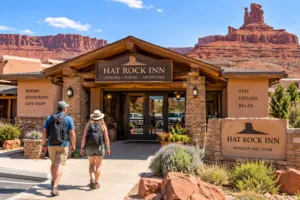 Valley of the Gods Utah: Camping, Hiking & Scenic Drive Guide 7 Two travelers walking toward the entrance of a desert-style lodge near Valley of the Gods, surrounded by dramatic red-rock scenery in southeastern Utah.