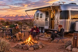 RV campsite with three campers relaxing around a campfire in the rugged Utah desert at sunset.