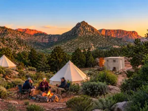 Three campers relaxing around a campfire beside canvas tents in a rugged mountain wilderness at sunset.