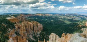 Canyon with steep walls and a forest with partly cloudy skies