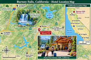 Illustrated location map of Burney Falls, California, showing McArthur-Burney Falls Memorial State Park, Lake Britton, the town of Burney, nearby highways, and a mini California locator map with a scenic hotel illustration.