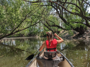 Bridal Veil Falls Utah: Hiking, Waterfalls & Outdoor Adventures 5 Woman wearing a life jacket paddling a canoe along a calm, tree-lined section of the Provo River in Utah.