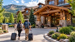 Two travelers carrying backpacks and rolling suitcases walk toward a beautiful mountain lodge hotel featuring rustic wood and stone architecture, colorful gardens, and scenic mountain views.