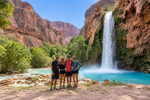 Four hikers standing beside turquoise water and a cascading waterfall surrounded by red-rock canyon cliffs at Havasu Falls, Arizona.