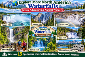 Colorful North America waterfalls collage featuring Niagara Falls, Yosemite Falls, Shoshone Falls, Bridal Veil Falls, Burney Falls, and Mesa Falls, with hikers, forest scenery, and RV camping adventures.