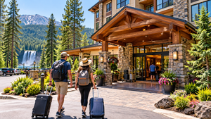 Travelers carrying backpacks and rolling suitcases walking toward a beautiful mountain lodge with a timber-and-stone entrance, surrounded by pine forests, colorful flowers, and scenic waterfall views.