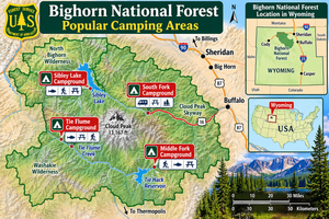 Illustrated map of Bighorn National Forest in Wyoming highlighting Sibley Lake, South Fork, Tie Flume, and Middle Fork Campgrounds, with mountain terrain, scenic highways, Cloud Peak, and inset maps showing the forest's location in Wyoming and the United States.
